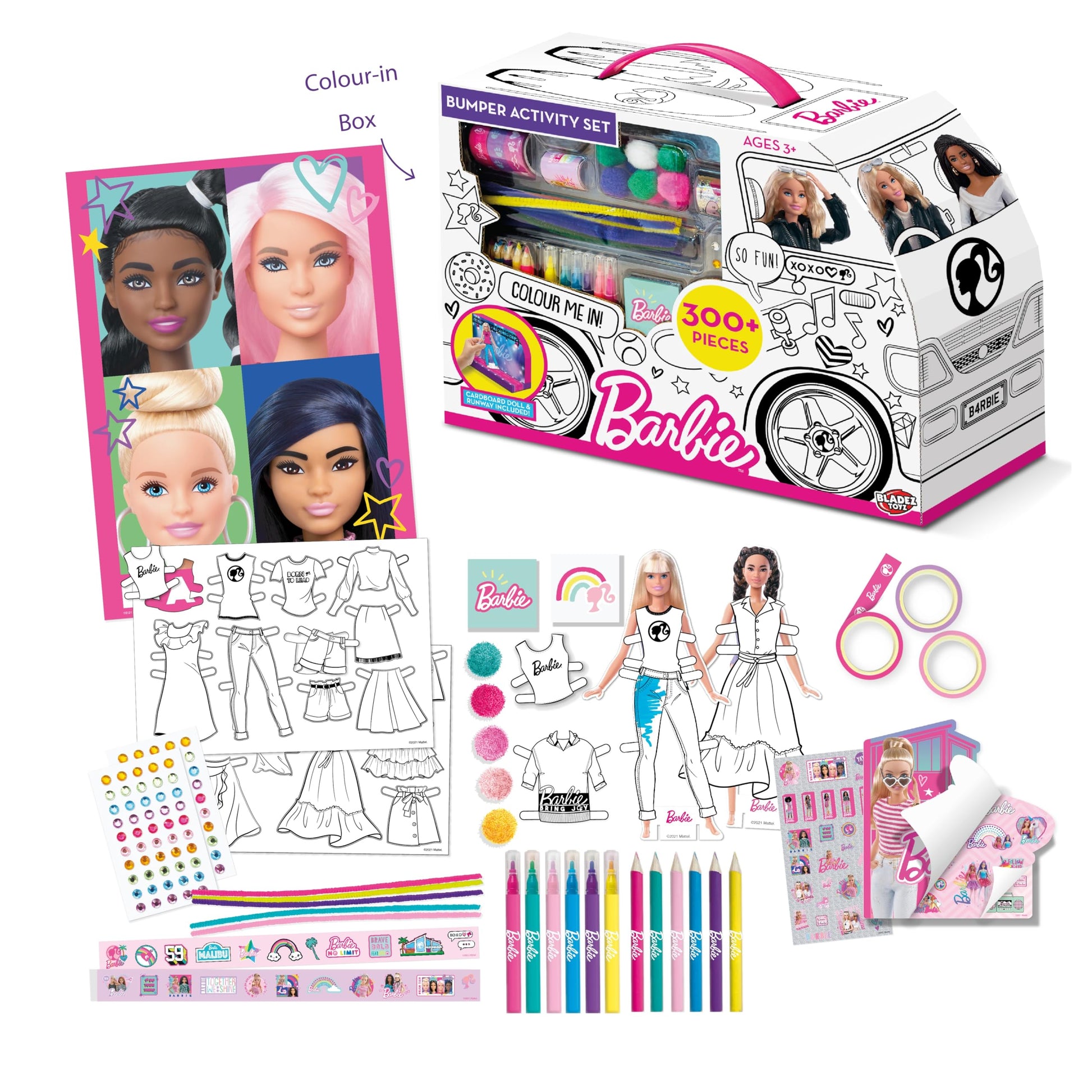 BLADEZ Barbie Bumper Activity Set with pens, stickers, and color-in camper van for creative arts and crafts fun.