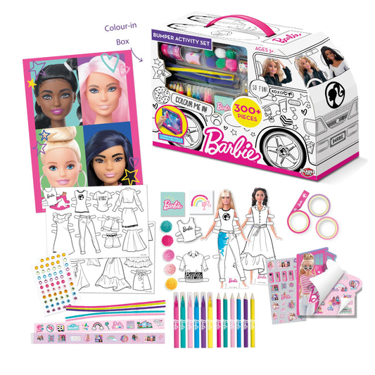 BLADEZ Barbie Bumper Activity Set with pens, stickers, and color-in camper van for creative arts and crafts fun.