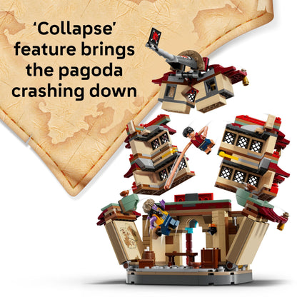 LEGO ONE PIECE Battle at Arlong Park set with Luffy, Nami, and a collapsing pagoda, featuring 5 detailed minifigures.