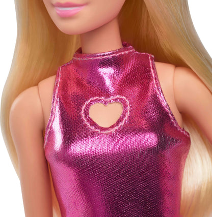 Barbie Fashionistas Doll #230 with blond hair in a metallic pink minidress, heart cut-out, white bracelet, and heels.
