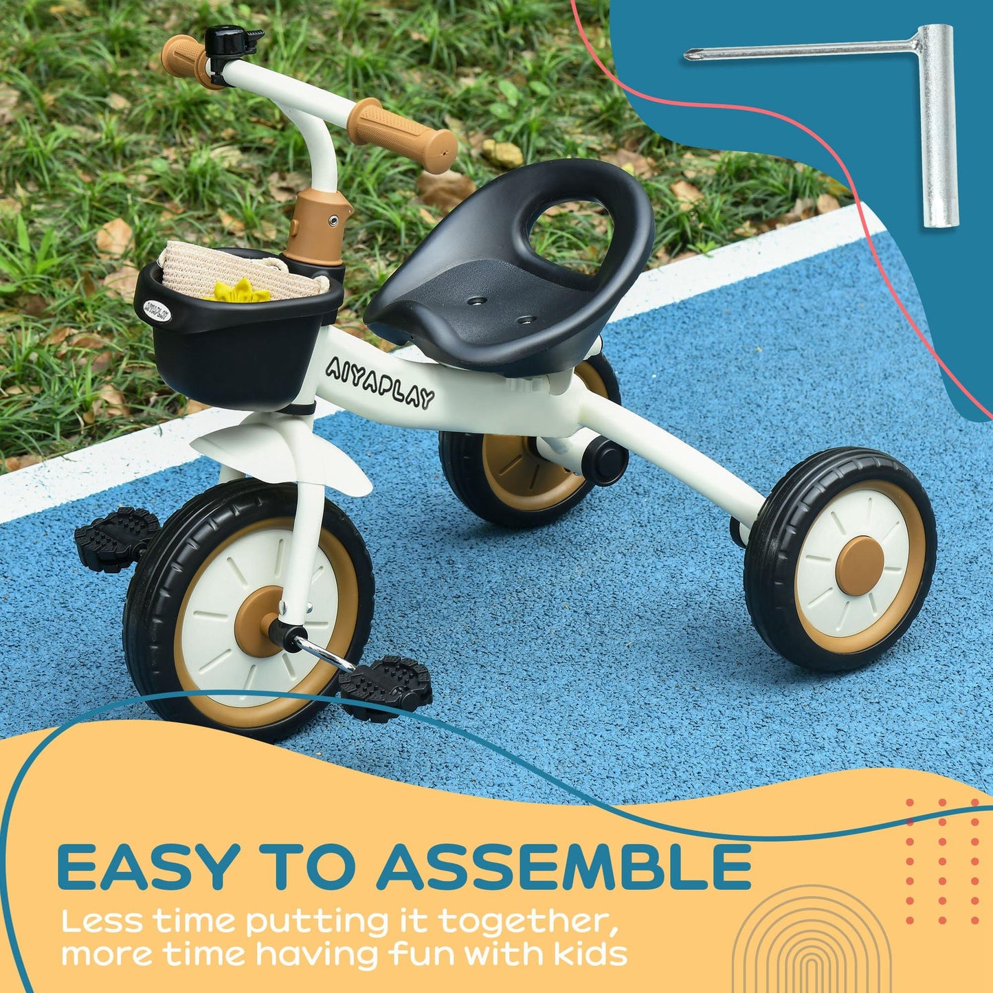 AIYAPLAY Baby Trike, Toddler Tricycle with Adjustable Seat, Basket, Bell, Kids Tricycle for 2-5 Years Old, White