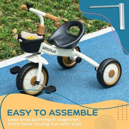 AIYAPLAY Baby Trike, Toddler Tricycle with Adjustable Seat, Basket, Bell, Kids Tricycle for 2-5 Years Old, White