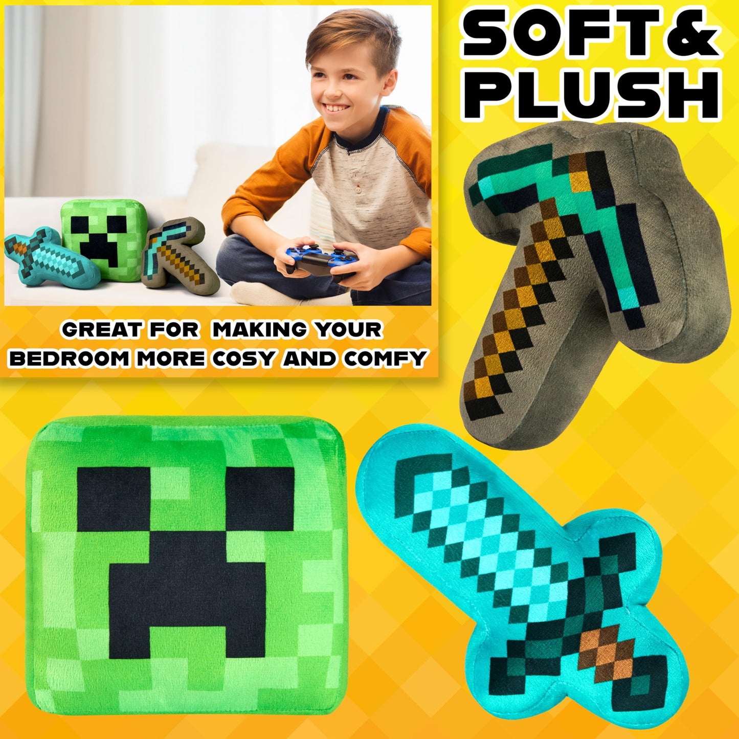 Minecraft Soft Toy 3pcs Plushie Cushion Set Creeper Stuffed Toy Kids Teenagers, Bedroom Accessories 3D Soft Toy Decorative Stuffed Collectibles Gifts for Gamers