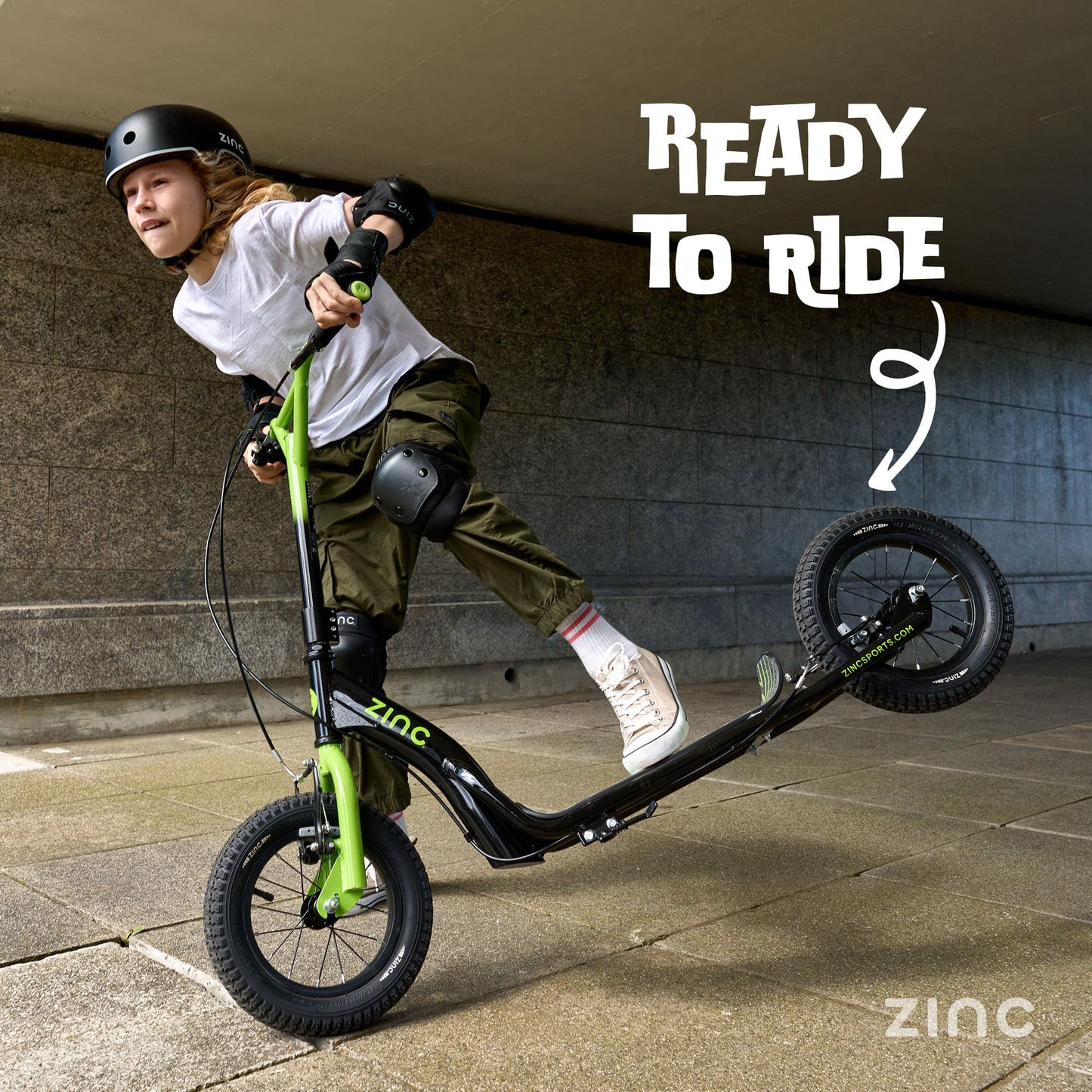 Zinc Radikal BMX Scooter for Kids Ages 6+ – 12 Inch Big Wheel Stunt Scooters with 360 Degree Handlebar Spin, Front & Rear Brakes, Steel Frame, Off-Road Tyres, Green & Black