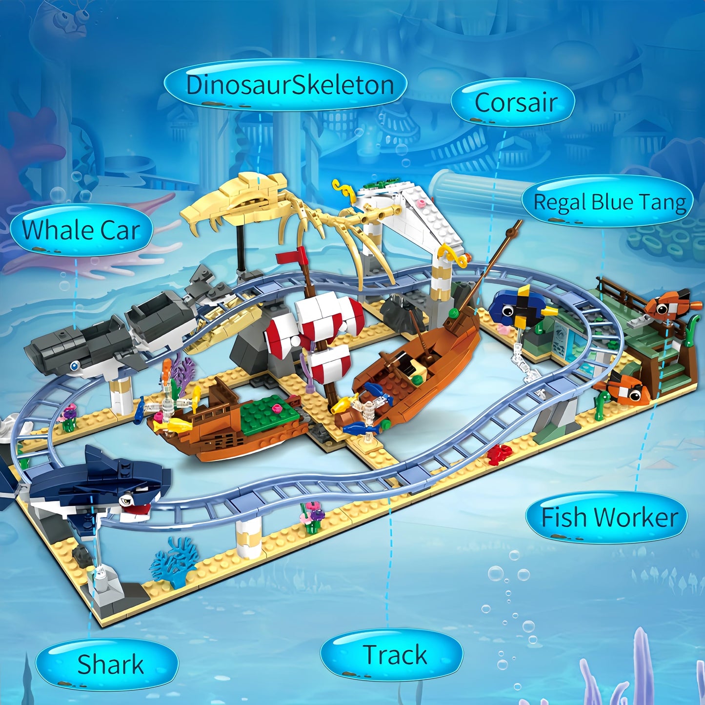 Ocean Roller Coaster Building Blocks Set (773 Pieces) - Friends Aquarium Toy with Sharks, Whales & Clownfish - Creative STEM Building Kit - Educational Gift for Kids Ages 6+