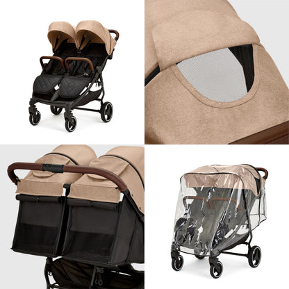 Ickle Bubba Venus Double Stroller – Compact, Lightweight Foldable Twin Pushchair for Twins or Siblings, Suitable from Birth to 15kg (Approx. 3 Years) (Biscuit)