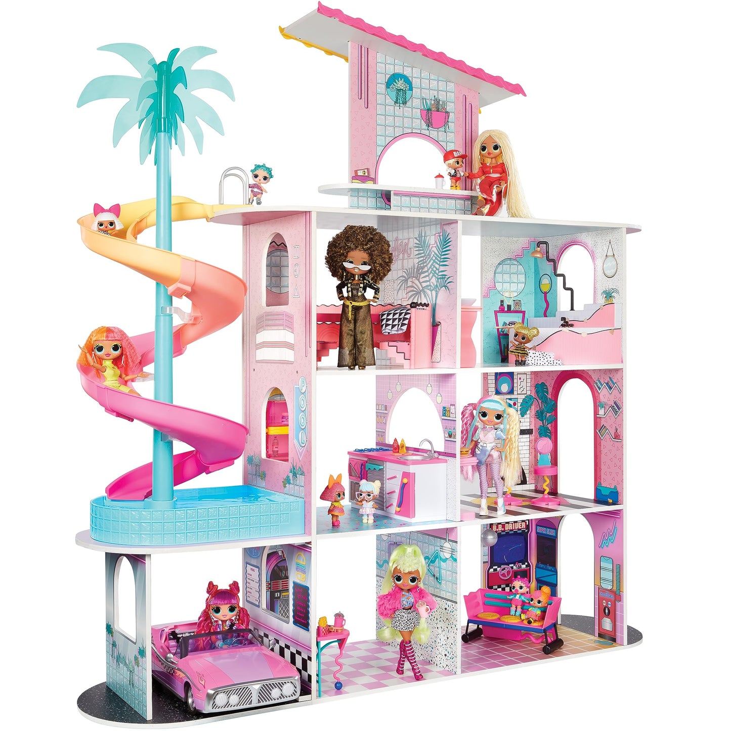 L.O.L. Surprise! OMG Fashion House Playset with pool, slide, and rooftop patio, featuring colorful transforming furniture.