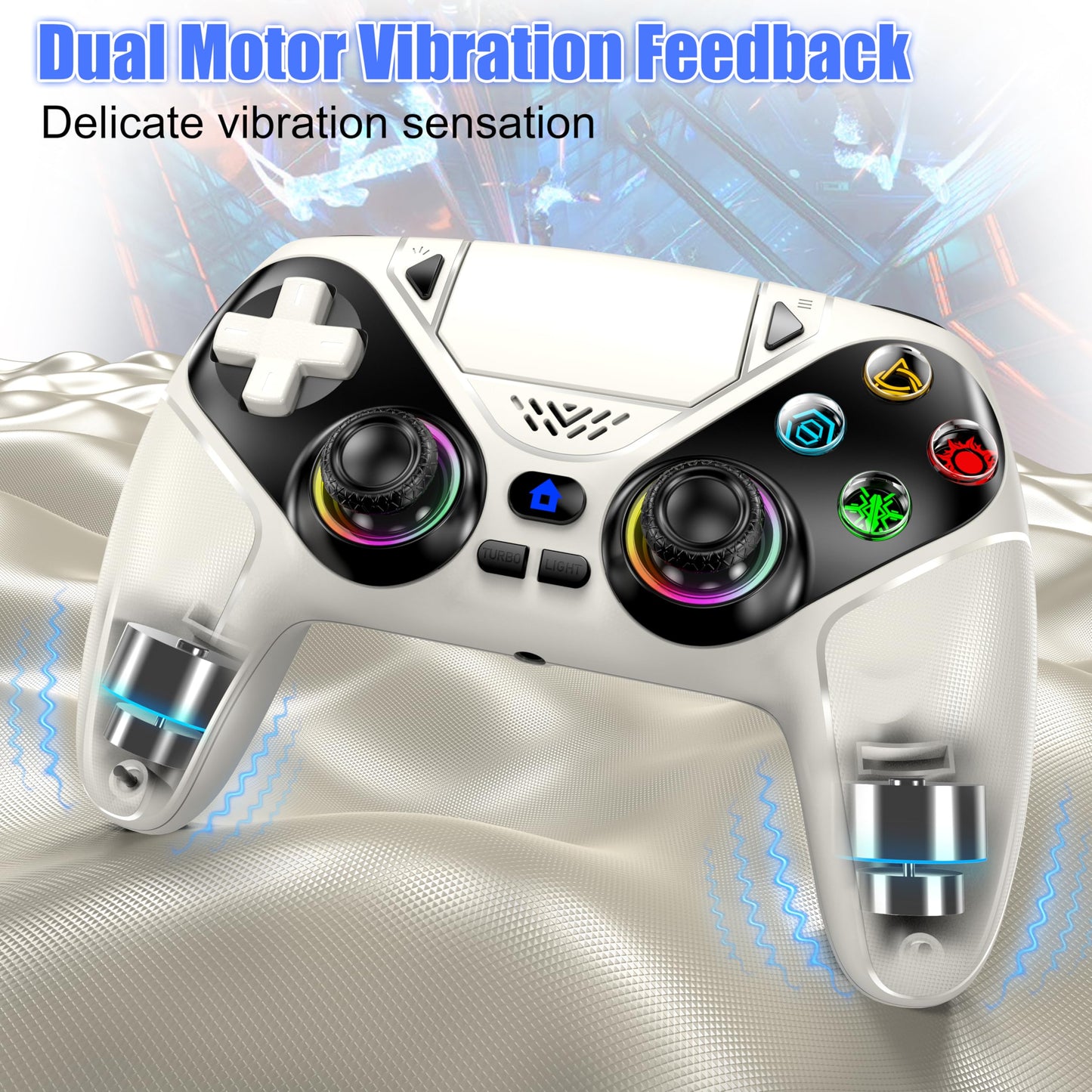 Gamrombo RGB Wireless Controller for PS5/Pro/Slim & PCs, Bluetooth Gamepad with Back Buttons, Touchpad, Macro, Turbo, Dual Vibration, 6-Axis Sensor, Speaker, 3.5mm Audio Jack, White
