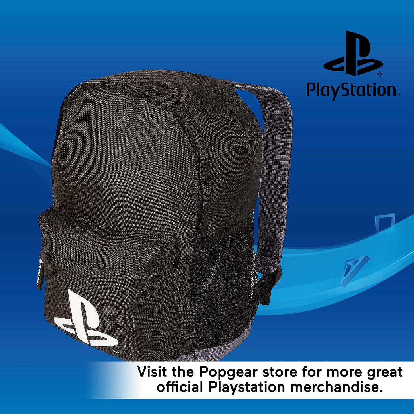Popgear boys' PlayStation logo backpack in black, featuring adjustable straps and spacious main compartment for kids' luggage.