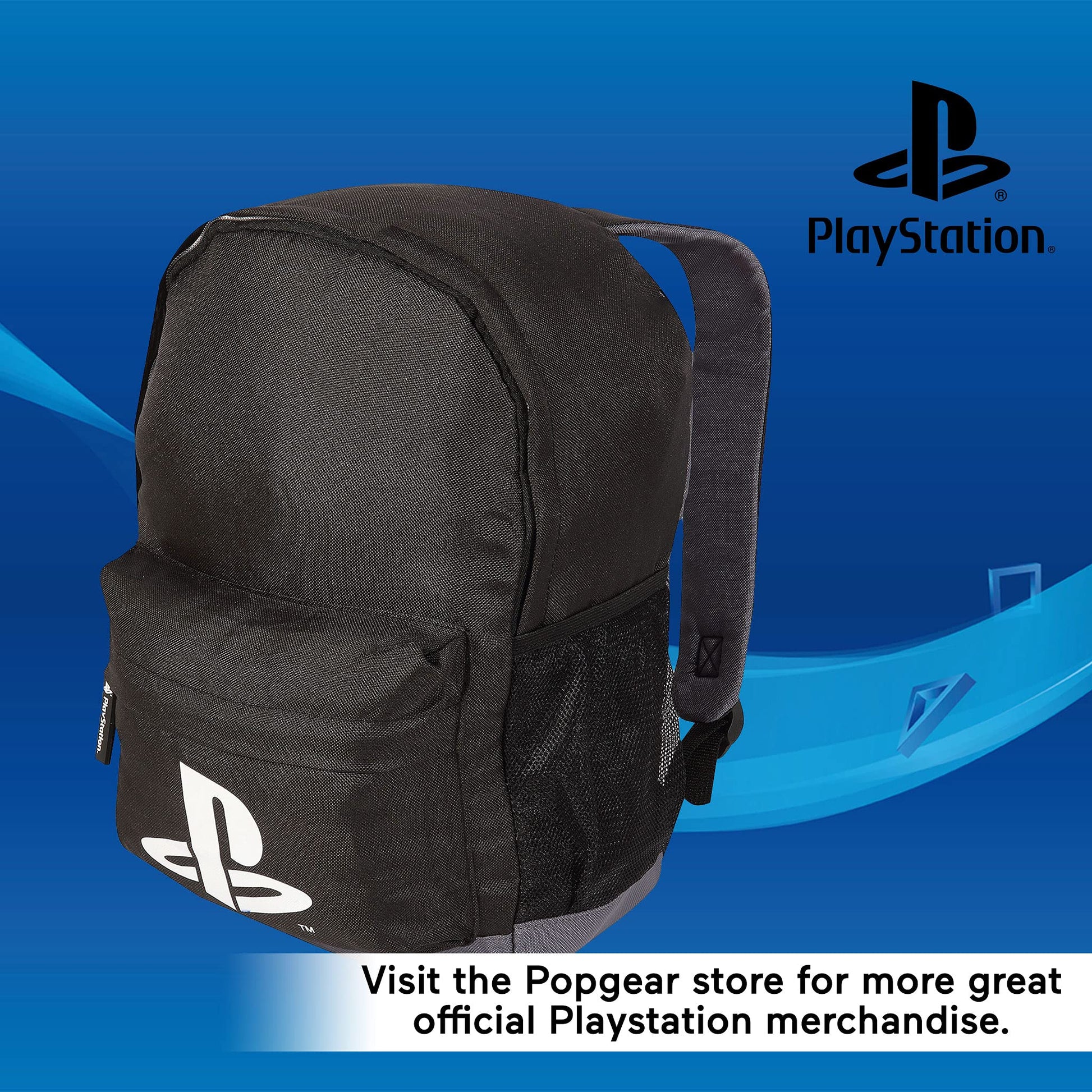Popgear boys' PlayStation logo backpack in black, featuring adjustable straps and spacious main compartment for kids' luggage.