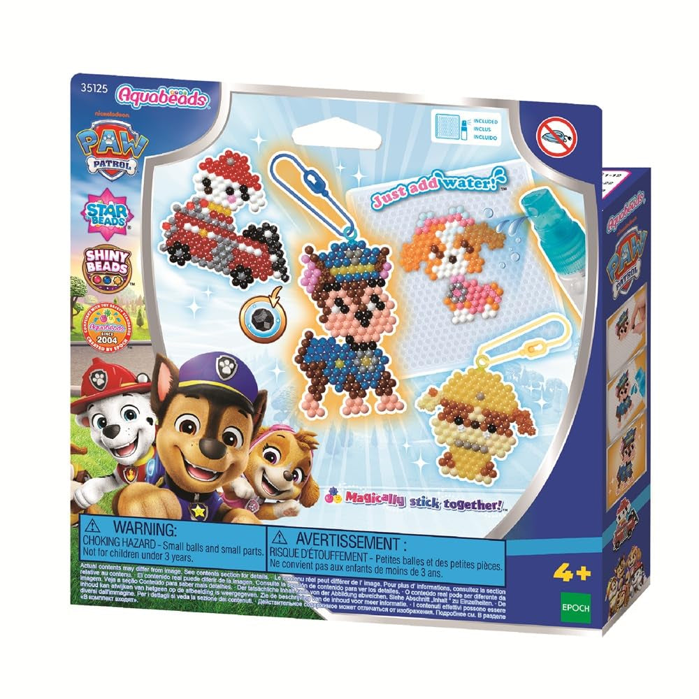 Aquabeads Paw Patrol keychain craft kit with colorful beads and tools for creating fun Paw Patrol-themed bead accessories.