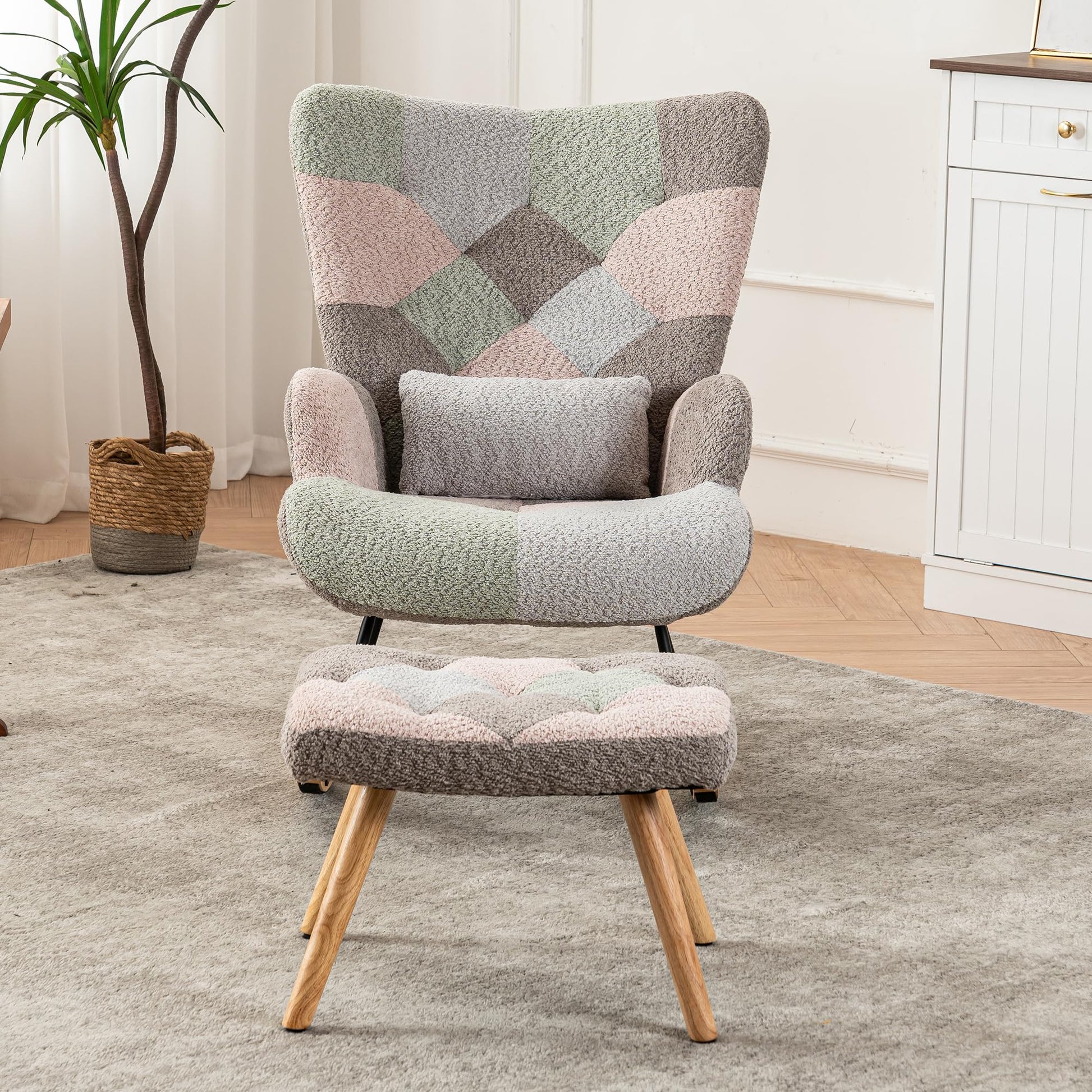BTM rocking nursery chair with footstool, pillow, side pocket, in multicolor, suitable for living room, bedroom, or office use.