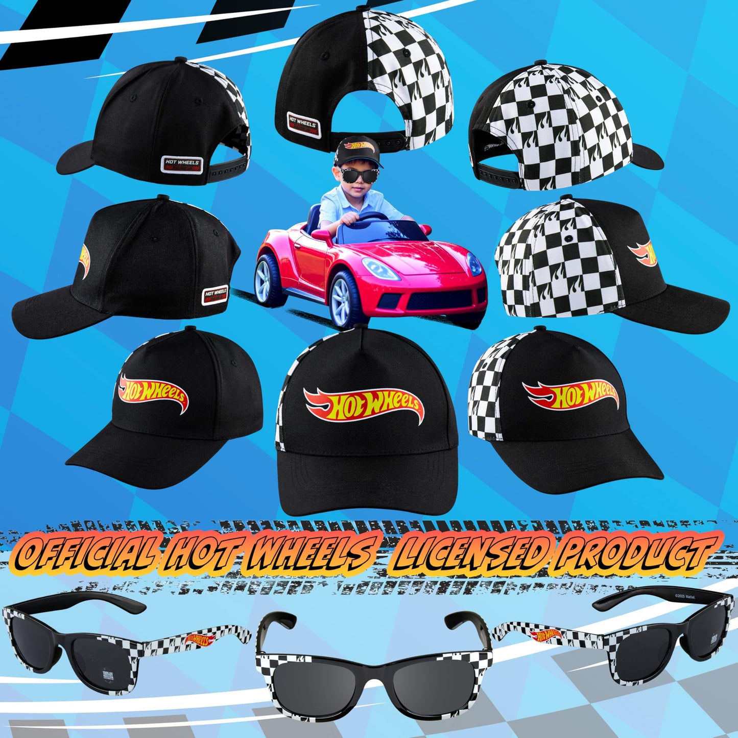 Hot Wheels Baseball Cap Sunglasses Set Boys Breathable Adjustable Summer Sun Hat UV Protection Holiday Travel Essentials Black