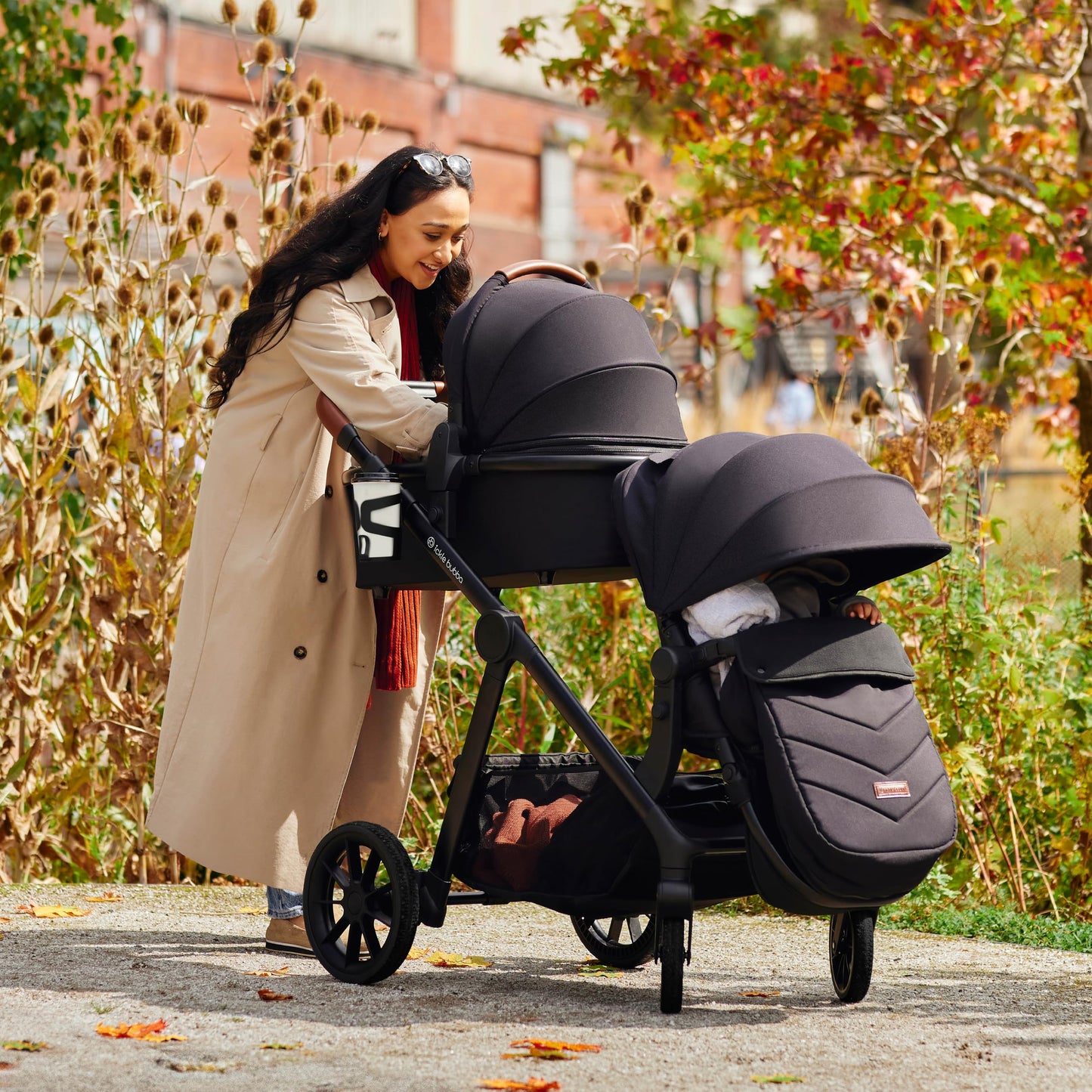 Ickle Bubba Virgo Growing Family 11 Piece Pram – Single to Double Tandem Pushchair with Carrycot, Footmuffs, Rain Covers & Accessories, Suitable from Birth (Black)