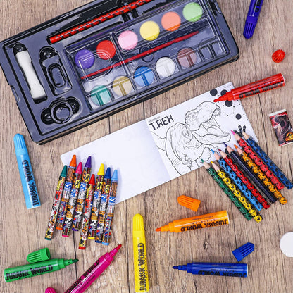 Zawadi Global Jurassic World Kids 52pc Colouring Art Stationery Set with Watercolour Felt Tip Pens Crayons and Pencils Travel Set for Children