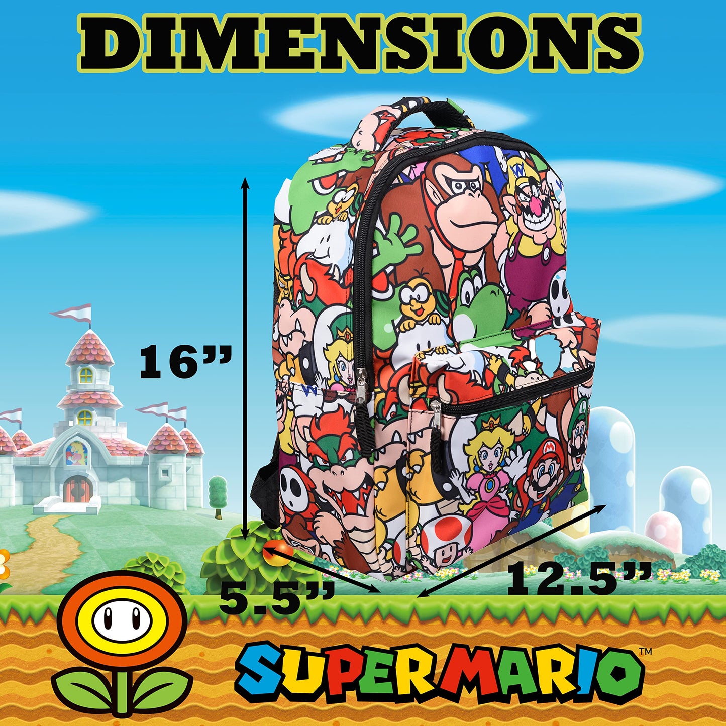 Nintendo’s Super Mario Backpack for Boys & Girls, School Bag with Front Pocket, Allover Character Print Gaming Bookbag with Padded Back and Adjustable Mesh Straps, Black, Laptop
