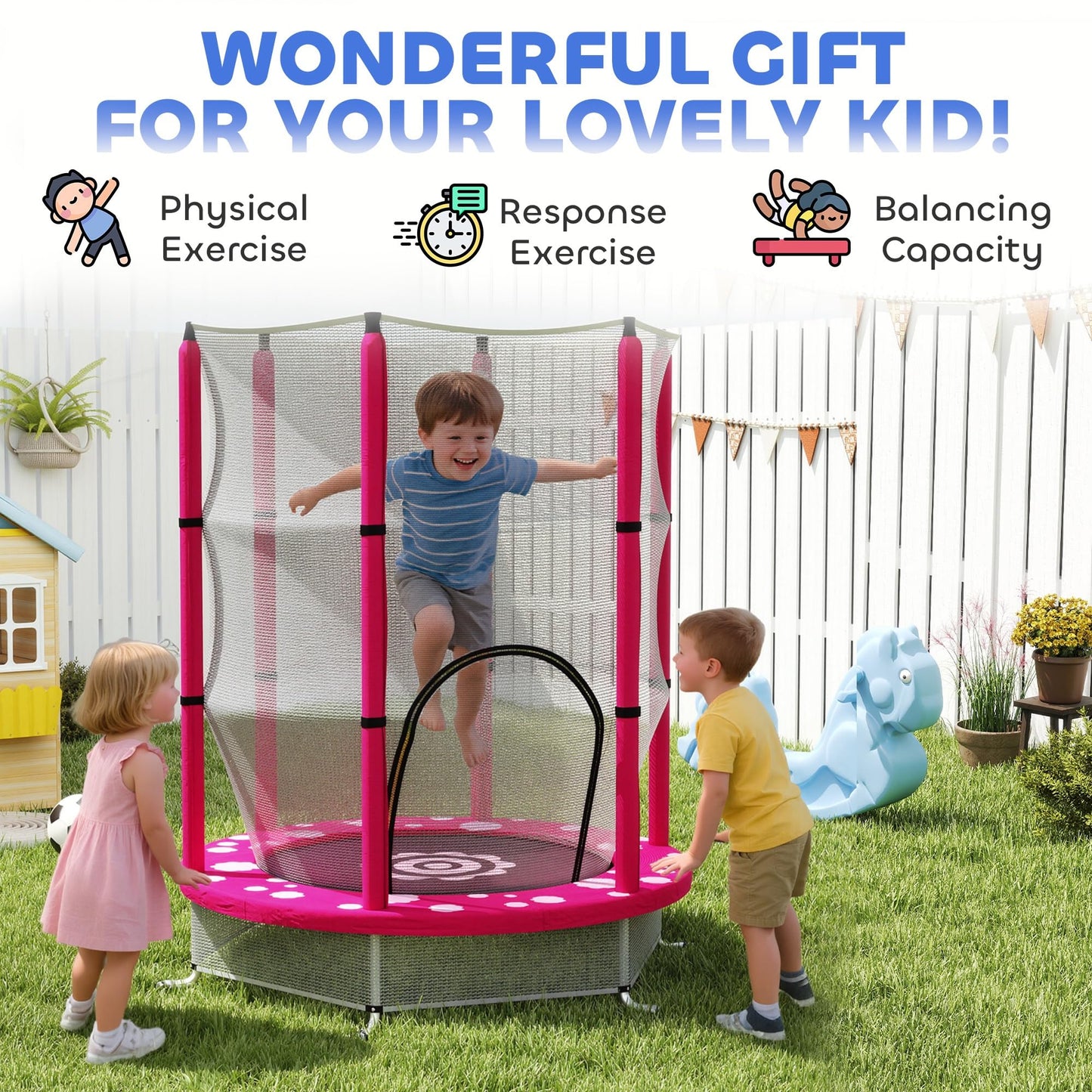 AIYAPLAY 4.6ft Kids Trampoline with Safety Enclosure Net, Recreational Toddler Trampoline for Indoor Outdoor Use, Ages 3-6 Years, Sun Pattern, Pink