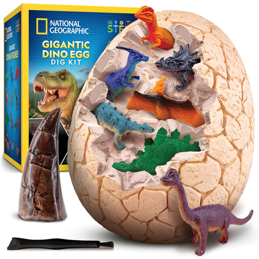 Blue Marble National Geographic Jumbo Dinosaur Egg Dig Kit with excavated T. Rex tooth and 12 dinosaur figures inside a giant 15 cm brick.