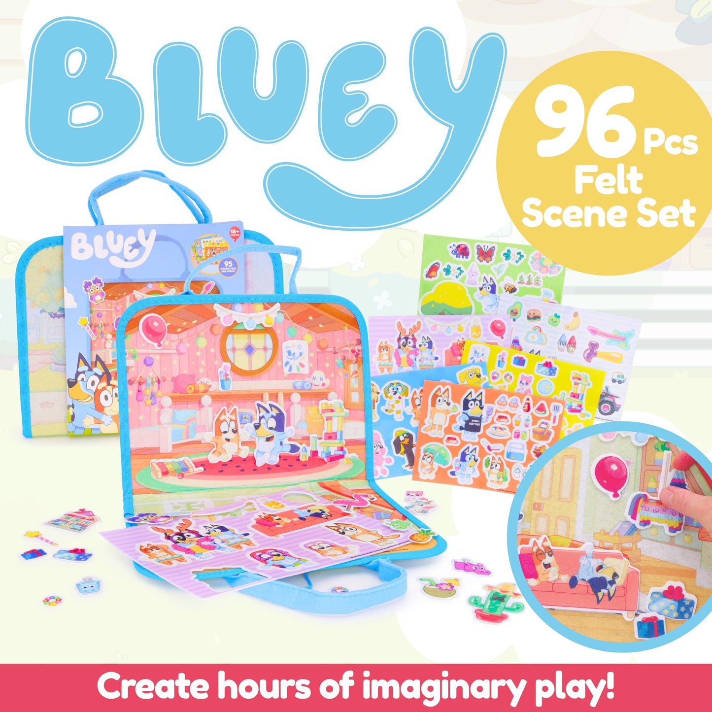 Toyland® 96 Piece Bluey Felt Activity Set - Portable Carry Case with 2 Scene Backgrounds - 95 Charcters & Props - Mess Free Imaginative Play Toys - Age 18 Months +