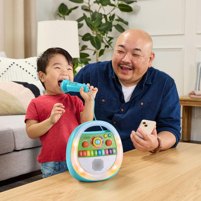 VTech My First Music Player with colorful buttons and microphone for karaoke fun, designed for young children.