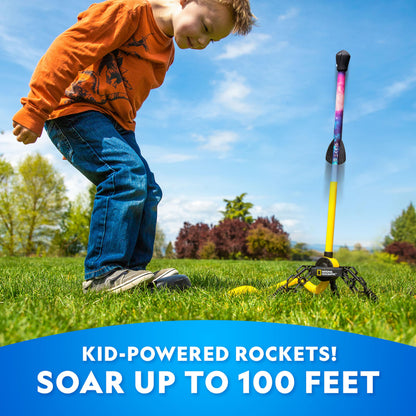 Blue Marble National Geographic Air Rocket Launcher toy with LED foam rockets, launching kids' outdoor STEM science kit.