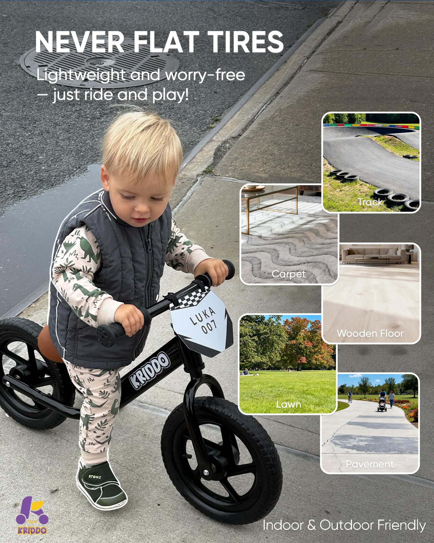 KRIDDO Toddler Balance Bike 2 Year Old, Age 18 Months to 5 Years Old, 12 Inch Push Bicycle with Customize Plate (3 Sets of Stickers Included), Gift Bike for 2-3 Boys Girls, Black