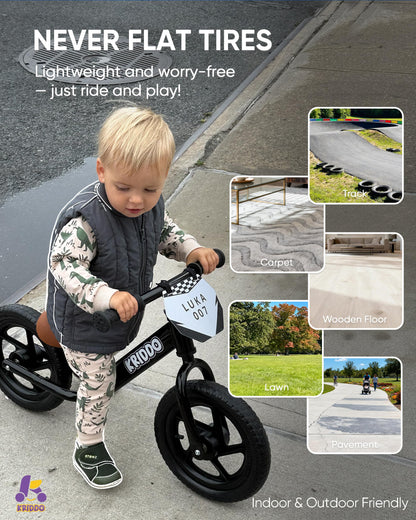 KRIDDO Toddler Balance Bike 2 Year Old, Age 18 Months to 5 Years Old, 12 Inch Push Bicycle with Customize Plate (3 Sets of Stickers Included), Gift Bike for 2-3 Boys Girls, Black