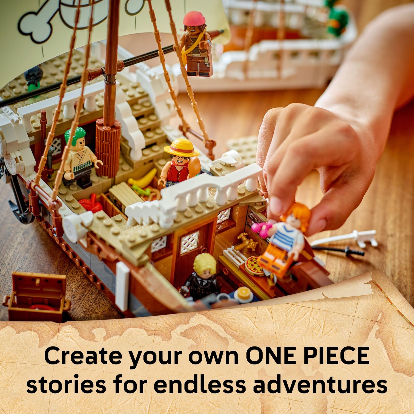 LEGO One Piece The Going Merry pirate ship model with minifigures Luffy, Zoro, and Nami, for play and display.