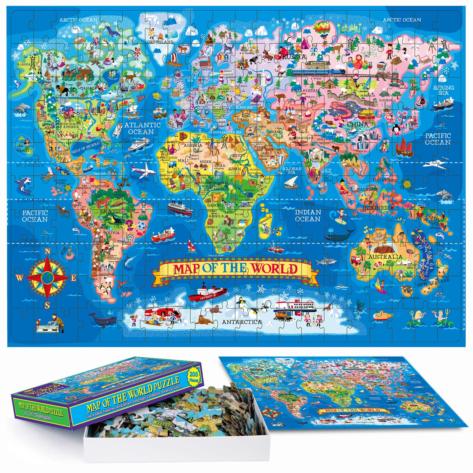Colorful world map jigsaw puzzle by Learncredibles showing continents and countries, ideal for kids age 7+ learning geography.