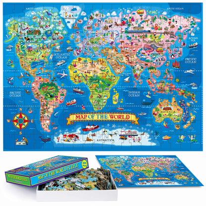 Colorful world map jigsaw puzzle by Learncredibles showing continents and countries, ideal for kids age 7+ learning geography.