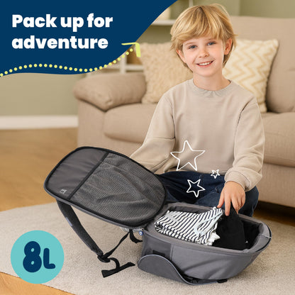 Trunki BoostApak Booster Seat & Kids Backpack - i-Size Travel Car Seat, 8 L Carry-On Approved Kids Rucksack & Car Booster (126-150 cm) - Grey