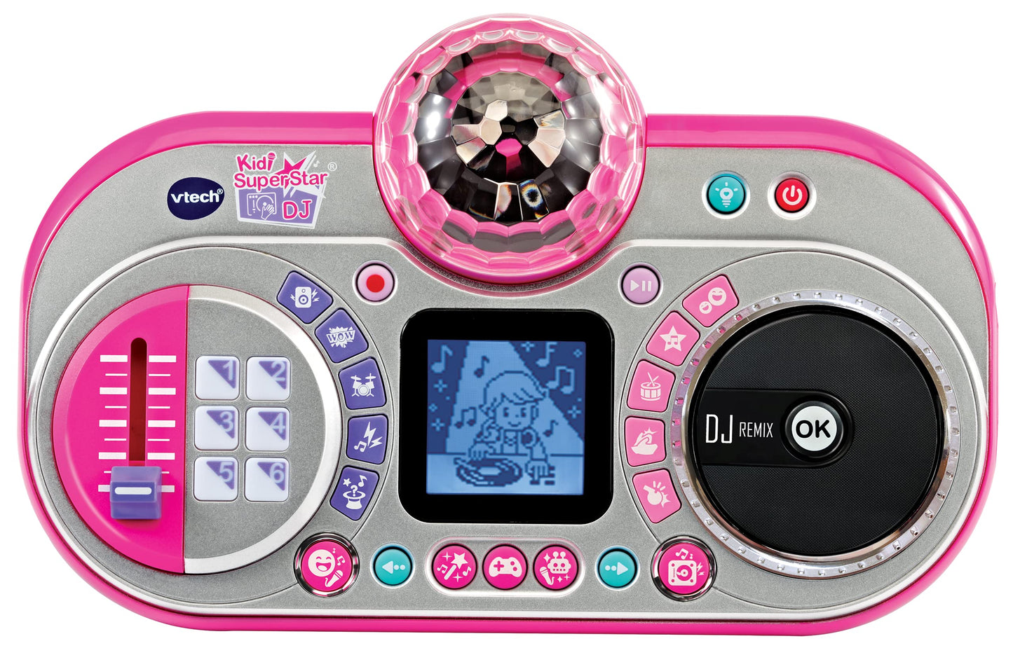 VTech Kidi Super Star DJ kids microphone toy with colorful disco light, adjustable stand, sound effects, and built-in songs for children.