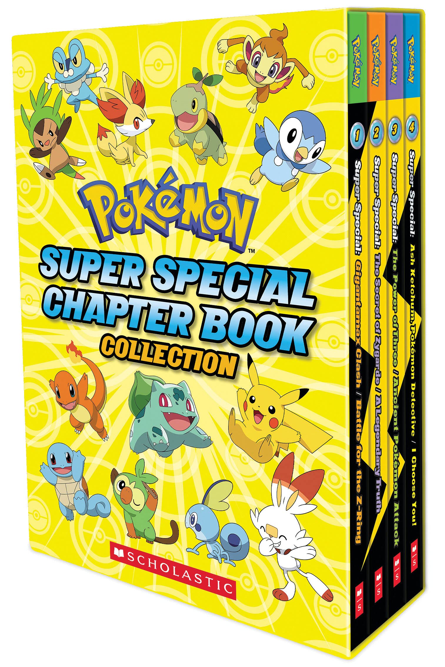 Pokemon Super Special Box Set by Scholastic featuring colorful book covers and collectible items in a vibrant display.