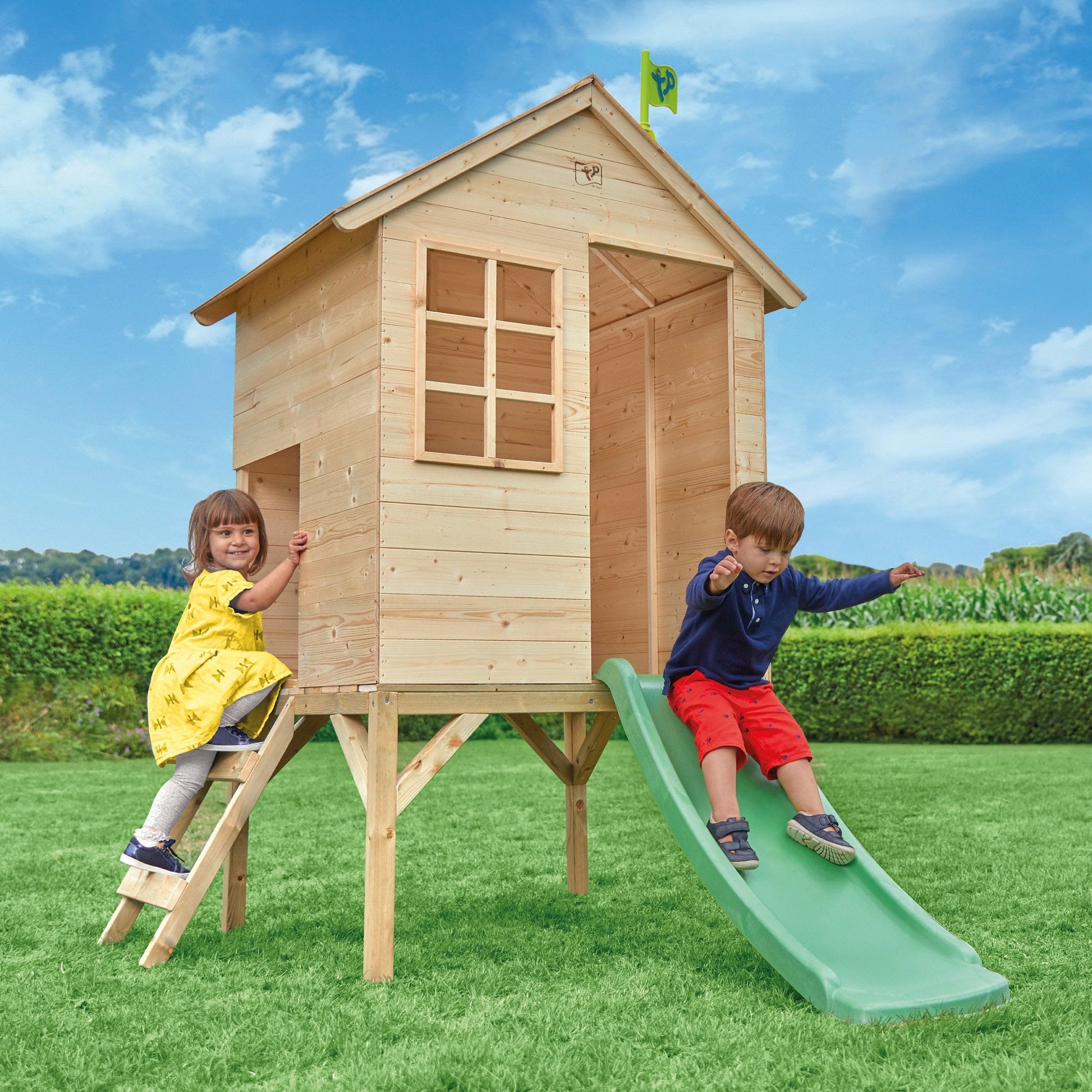 TP Toys Sunnyside Wooden Tower Playhouse with 1.2m slide, outdoor kids garden playhouse made from FSC certified European wood