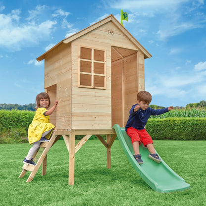 TP Toys Sunnyside Wooden Tower Playhouse with 1.2m slide, outdoor kids garden playhouse made from FSC certified European wood