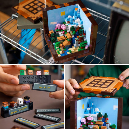 LEGO Minecraft The Crafting Table set featuring Steve, Alex, and mobs, ideal for DIY gaming room decor.