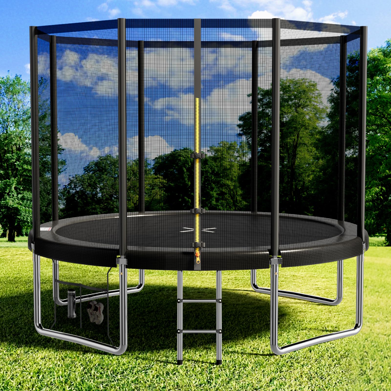 Devoko 10ft kids trampoline with safety net, reinforced steel frame, waterproof surface, ideal for children aged 6-12, outdoor garden use.