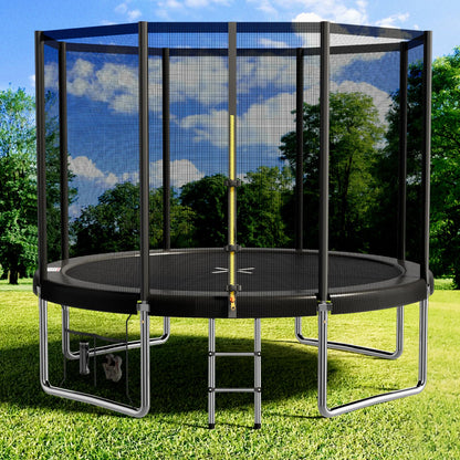 Devoko 10ft kids trampoline with safety net, reinforced steel frame, waterproof surface, ideal for children aged 6-12, outdoor garden use.