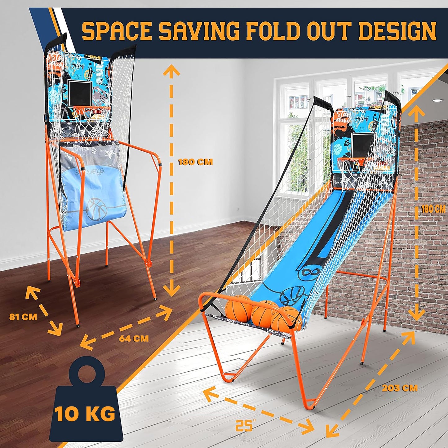 SereneLife Basketball Arcade Game, Foldable Basket Ball Shot Hoop Game, Outdoor Sport/Indoor Home Arcade Room w/Digital LED Scoreboard & Play Timer, Electronic Shooting Machine for Kids & Adults