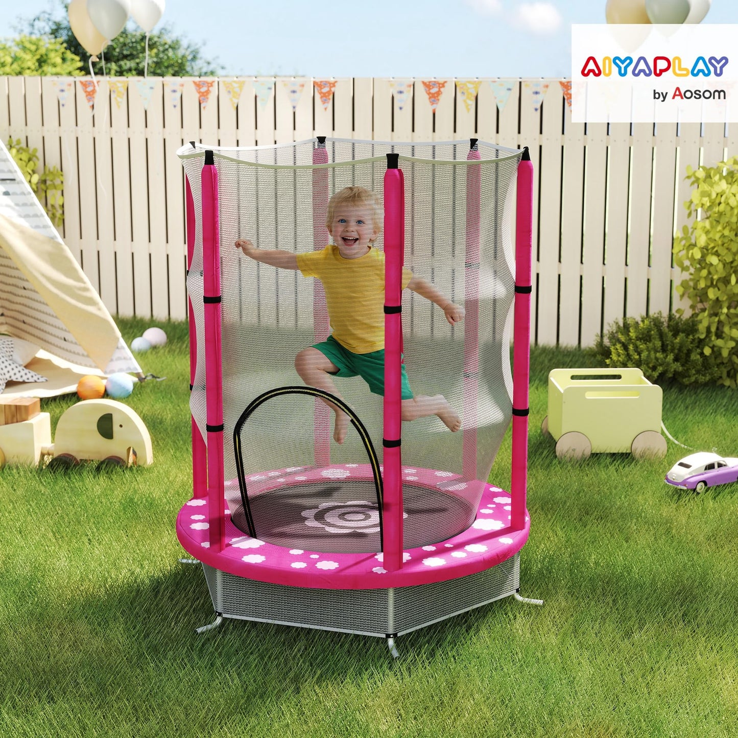 AIYAPLAY 4.6ft Kids Trampoline with Safety Enclosure Net, Recreational Toddler Trampoline for Indoor Outdoor Use, Ages 3-6 Years, Sun Pattern, Pink
