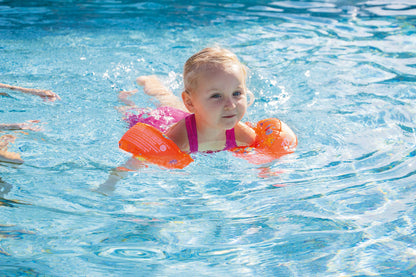 Zoggs dual buoyancy arm bands for kids in orange and multi colors, designed for ages 1-6 years, 11-30kg.