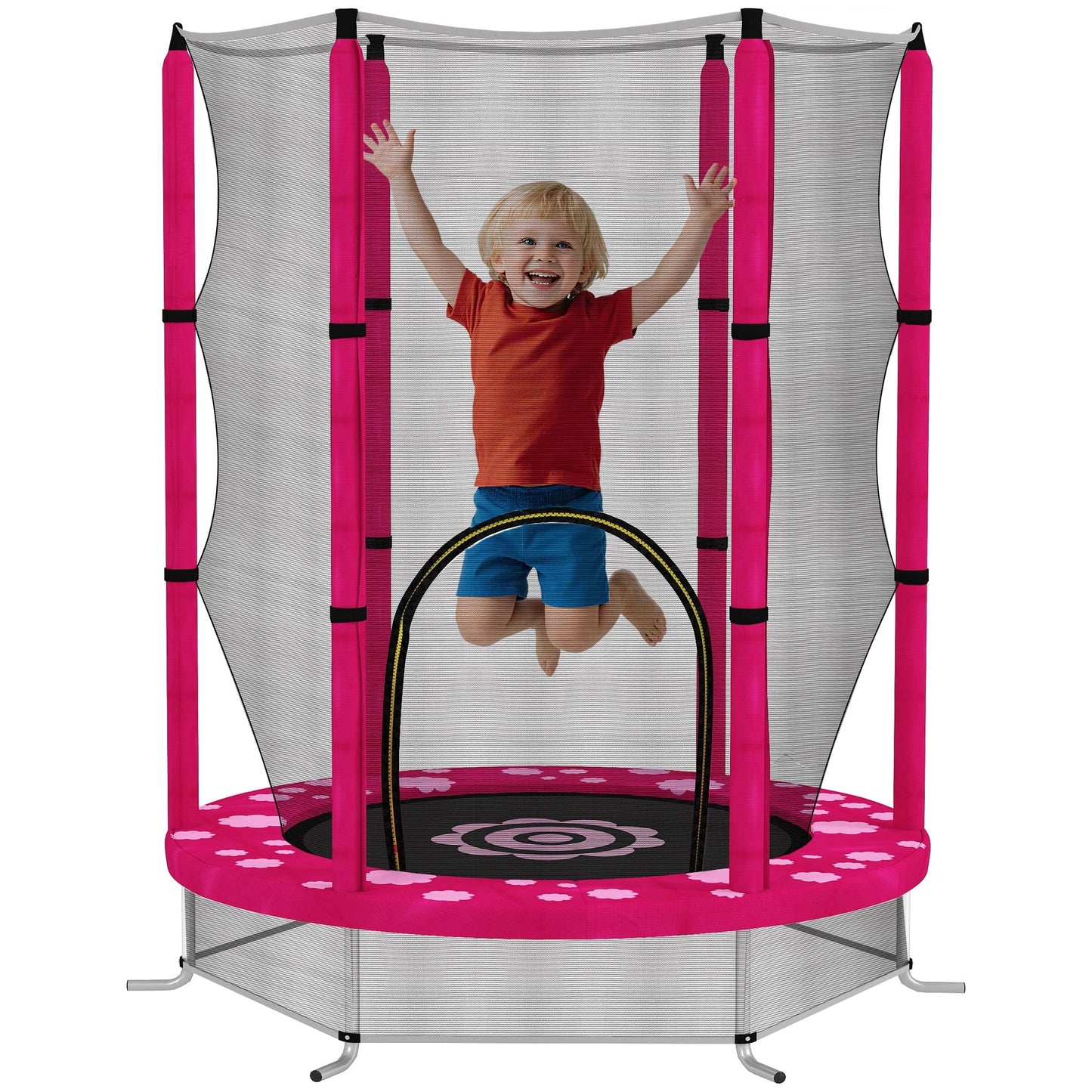 AIYAPLAY 4.6ft Kids Trampoline with Safety Enclosure Net, Recreational Toddler Trampoline for Indoor Outdoor Use, Ages 3-6 Years, Sun Pattern, Pink