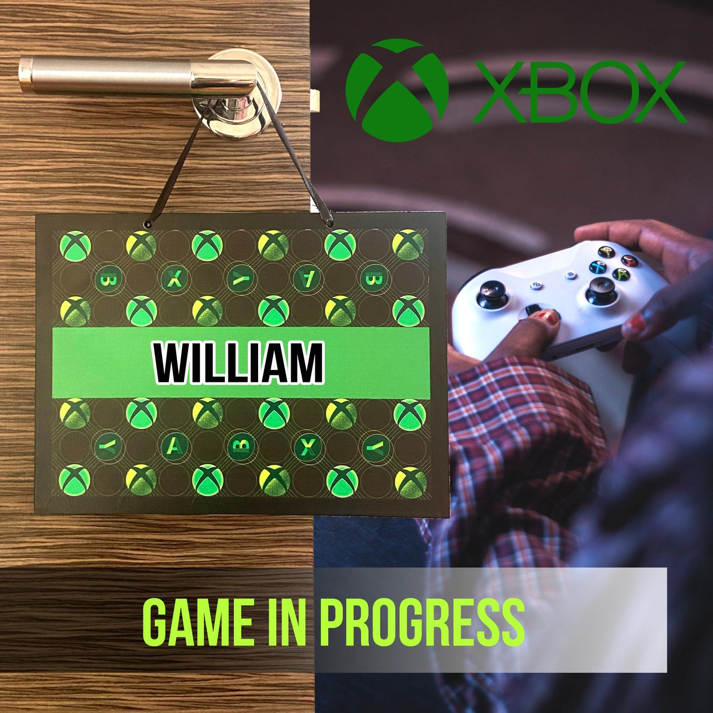 Personalized Xbox name door plaque with gaming-themed design, suitable for room decor, wall stickers, and man cave accessories.