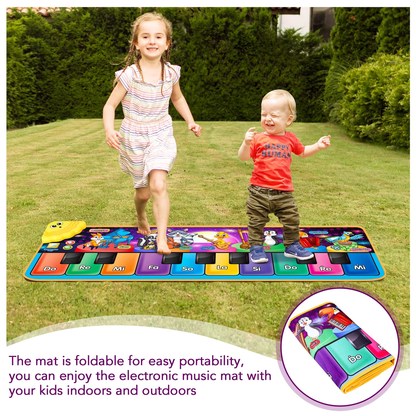 Tesok kids' musical piano mat with 10 keys, 25 music sounds, and colorful animal designs for early education play.