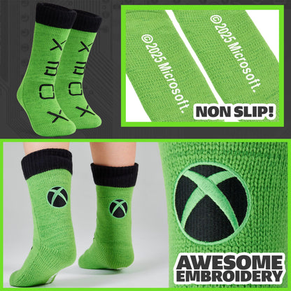 Xbox boys and teens slipper socks with fleece lining, non-slip pads, cozy gamer loungewear for warmth and comfort.