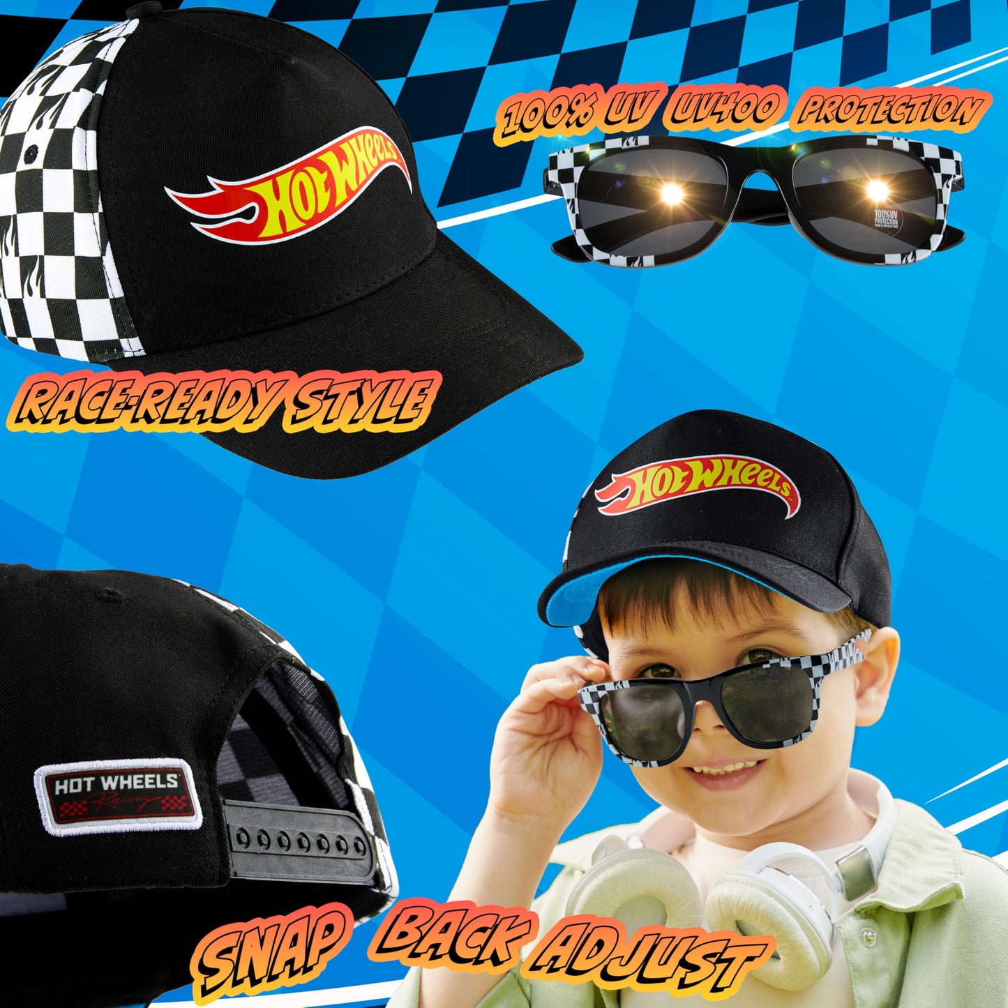 Hot Wheels Baseball Cap Sunglasses Set Boys Breathable Adjustable Summer Sun Hat UV Protection Holiday Travel Essentials Black