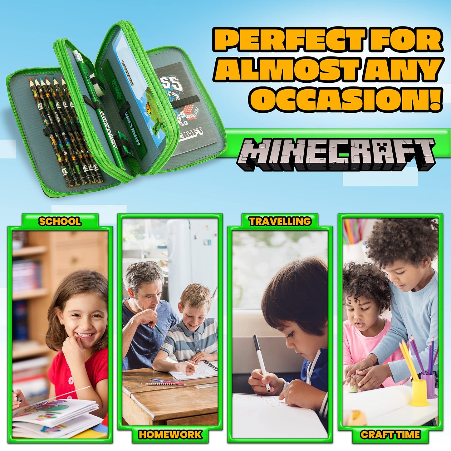 Minecraft Pencil Case Kids Teens Filled with Gamer Stationery Set School Supplies Creeper Pen Case Multiple Compartments Drawing Writing Colouring Set (Green Creeper)