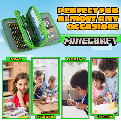 Minecraft Pencil Case Kids Teens Filled with Gamer Stationery Set School Supplies Creeper Pen Case Multiple Compartments Drawing Writing Colouring Set (Green Creeper)