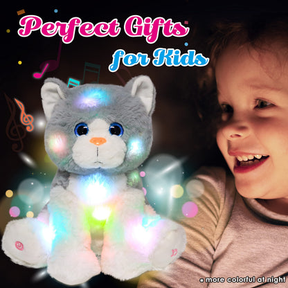 Cuteoy Light-up Singing Plush Cat LED Musical Kitty Stuffed Animal Adjustable Volume Lullaby Plushies Birthday Christmas Toy Gifts for Kids Toddler Girls, 10.5"