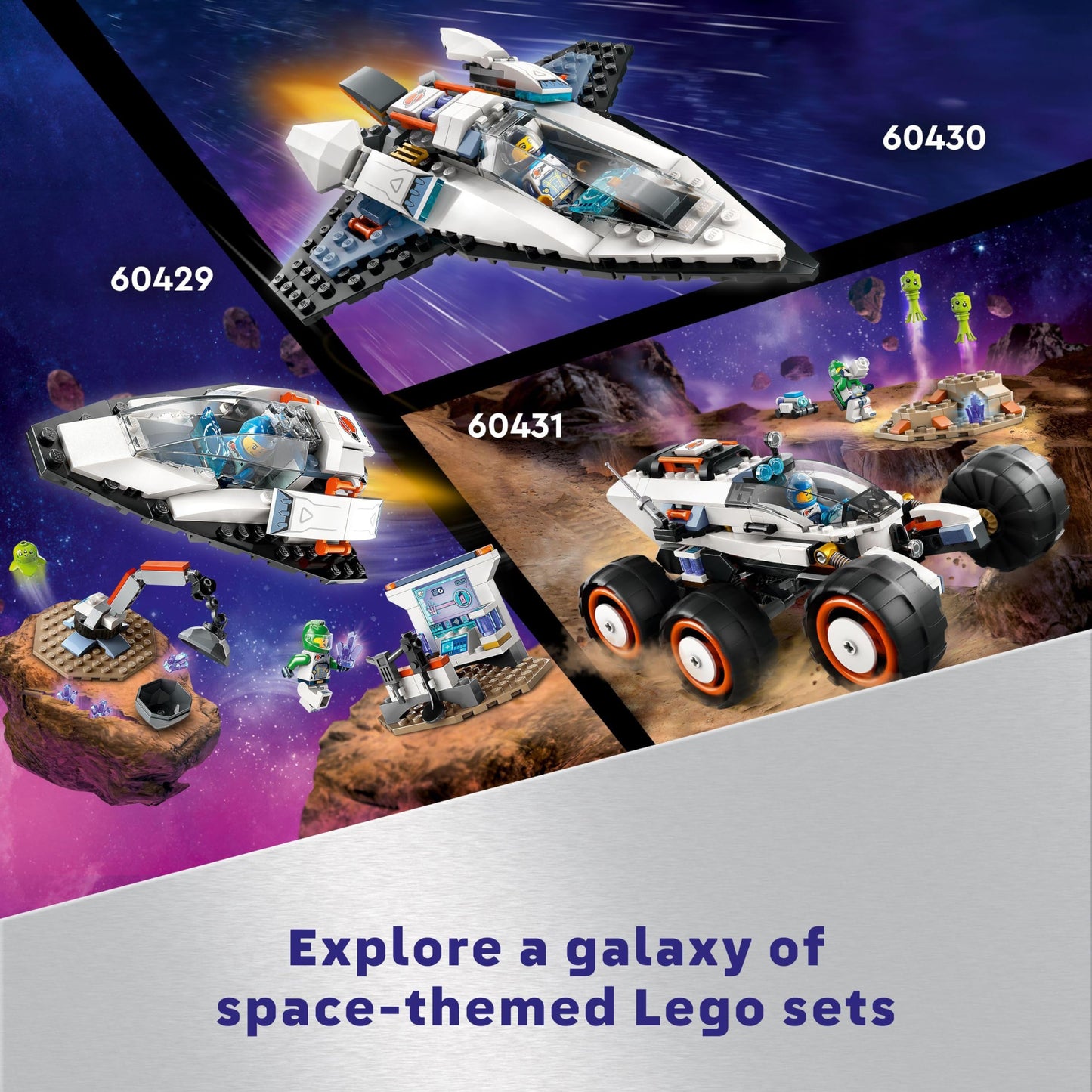 LEGO City Spaceship and Asteroid Discovery Set with alien figure and 2 astronaut minifigures for imaginative play.